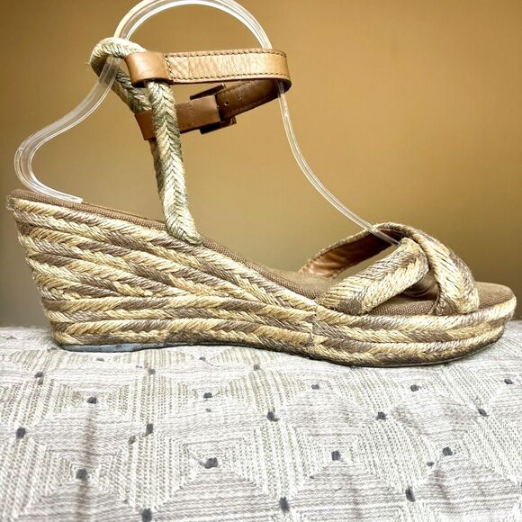 Tory Burch Camelia Tan Taupe Blended Jute Espadrille Wedge Sandal Ankle Strap 10 - Picture 2 of 16